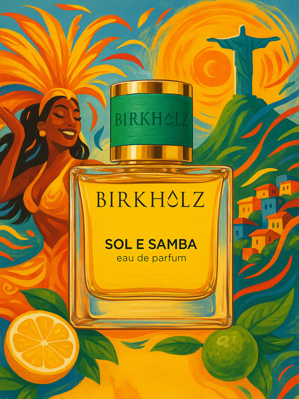 Illustration of Birkholz Sol E Samba perfume with Brazilian carnival and Rio landmarks.