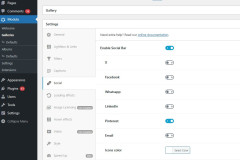 Interfață de setări pentru modulul Modula în WordPress, afișând opțiuni pentru activarea sau dezactivarea barei sociale și a platformelor specifice precum X, Facebook, Whatsapp, LinkedIn, Pinterest și Email. Bara socială și Pinterest sunt activate, iar alte opțiuni sunt dezactivate. De asemenea, sunt indicate modulele Image Licensing și Video ca neinstalate.