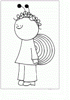 Child in butterfly costume with antennae and wings, smiling and standing sideways.