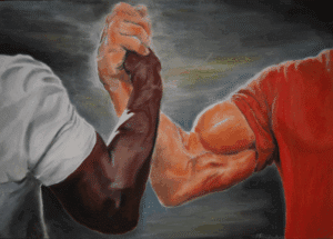 Muscular arms in a handshake, one in a white shirt, the other in red, against contrasting background.