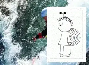 Person wearing blue helmet and red gloves in turbulent water with a black-and-white cartoon character overlay.