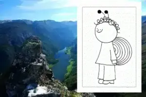 River flowing through rocky valley with a cartoon figure of a person with a snail shell overlay.