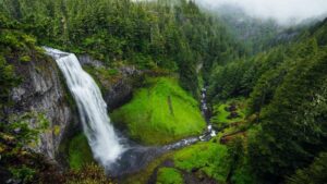 Waterfall flowing over rocky cliff into river surrounded by dense green forest and mist.